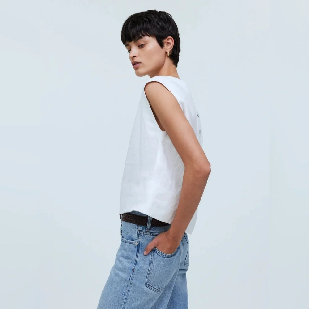 🆕Madewell Bateau-Neck Tank in 100% Linen COLOR Eyelet White Sz Small - Picture 3 of 12